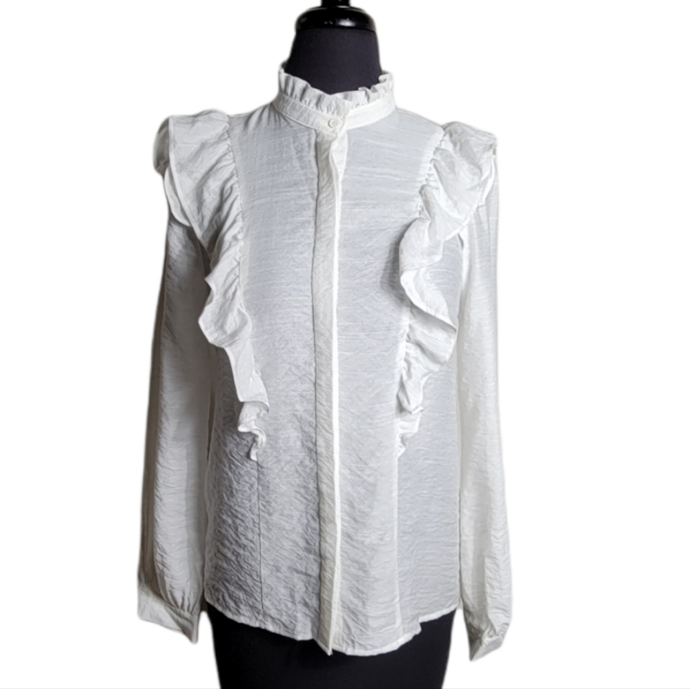 Bleuh Ciel white ruffle high neck button down blouse size medium long sleeve